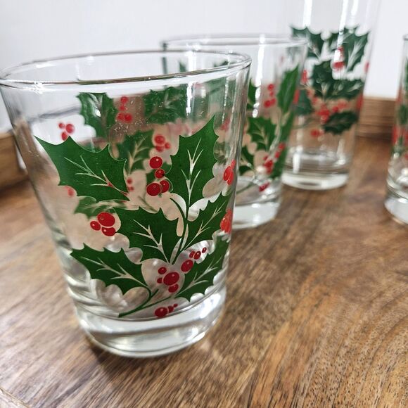 4 Lot Vintage Libby Holly Berry Christmas Drinking Glasses 1 Tumbler 3 Rocks - Picture 3 of 10